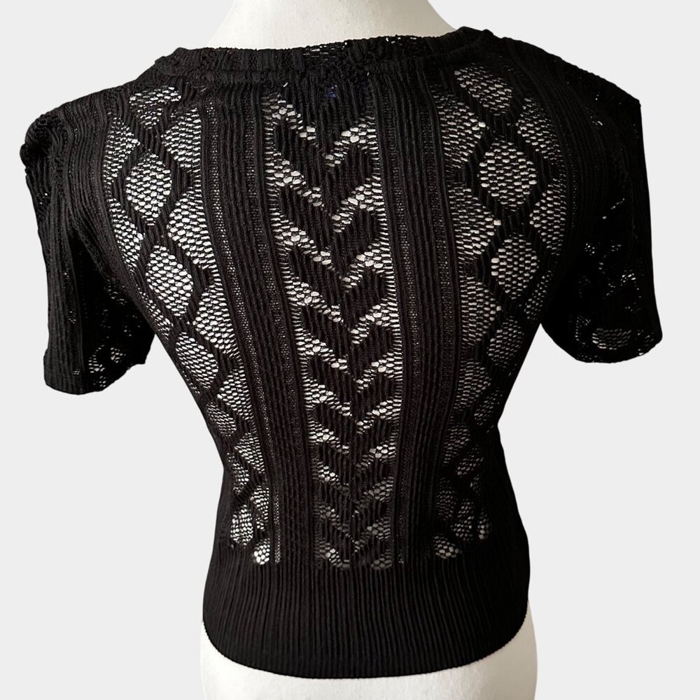 Zara Black Lace Knit Short-Sleeve Womens Top Size S Ribbed Hem Elegant Design - Picture 2 of 16